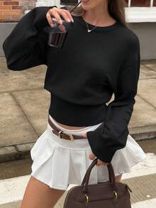 Áo len nữ dài tay cổ tròn màu đen hiệu FOR BEAUTY, kiểu dáng ngắn, thời trang, nhẹ nhàng, thoải mái, phong cách đường phố, thanh lịch, phù hợp cho các hoạt động hàng ngày và đi làm, áo len chui đầu, trang phục mùa thu thời trang dành cho nữ. - màu đen - Xem 2
