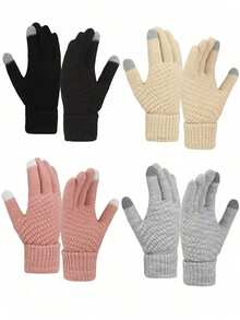 1/4 双女士触屏冬季手套 - 时尚针织连指手套，袖口厚，适合寒冷天气 - A - 查看 8