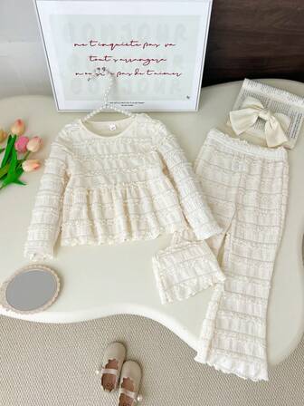 Humor Bear 2 件套女童休闲圆领刺绣花卉长袖运动衫和喇叭裤套装，秋季