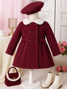 Girls' Elegantbowknott Design Knitted Cardigan With Fur Collar, Stylish Outdoor Party Wear (Beret Hat Not Included) - Burgundy - View 1