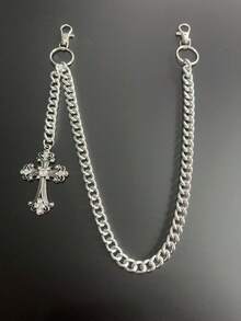 1pc Vintage Elegant Minimalist Multi-Color Rhinestone & Faux Pearl Waist Chain, Men's Punk Hip-Hop Cross Body Chain, For Pants Decoration - Ancient Silver - View 1