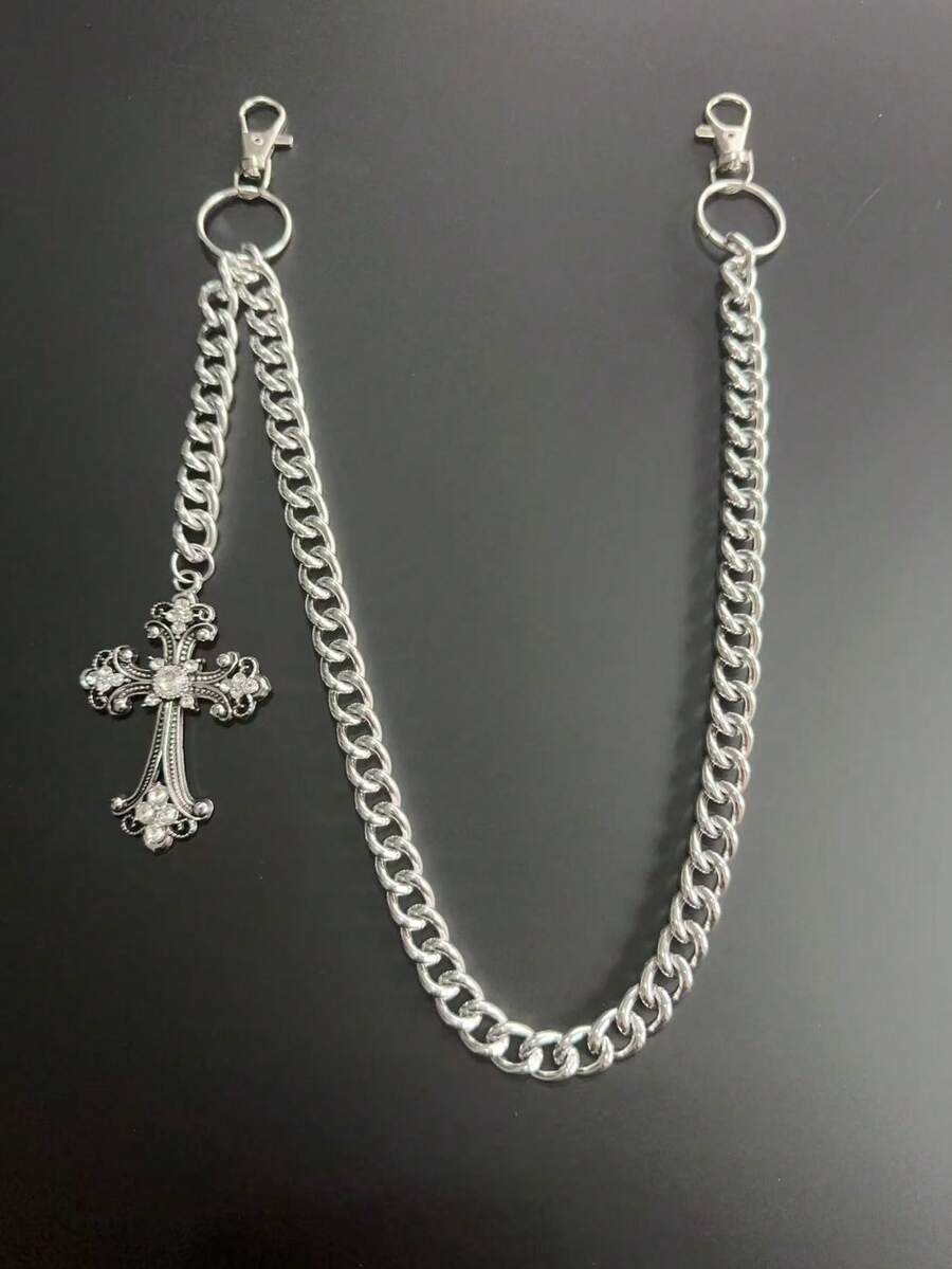 1pc Vintage Elegant Minimalist Multi-Color Rhinestone & Faux Pearl Waist Chain, Men's Punk Hip-Hop Cross Body Chain, For Pants Decoration - Ancient Silver - View 1