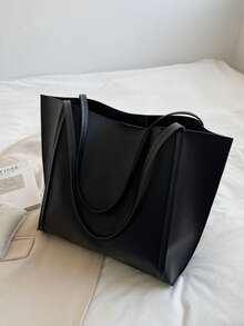 Large Capacity Solid Color Simple Tote Bag, Suitable For Shopping, Wallet, Young Women, College Students, Beginners, White-Collar. Ideal For Office, University, Work, Business, Commuting, Outdoor Activities, Travel And Picnics - Black - View 7