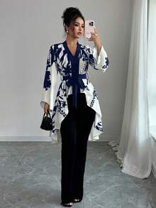 对称印花黑米色长袖收腰鱼尾下摆优雅法式衬衫 - 藏蓝色 - 查看 3