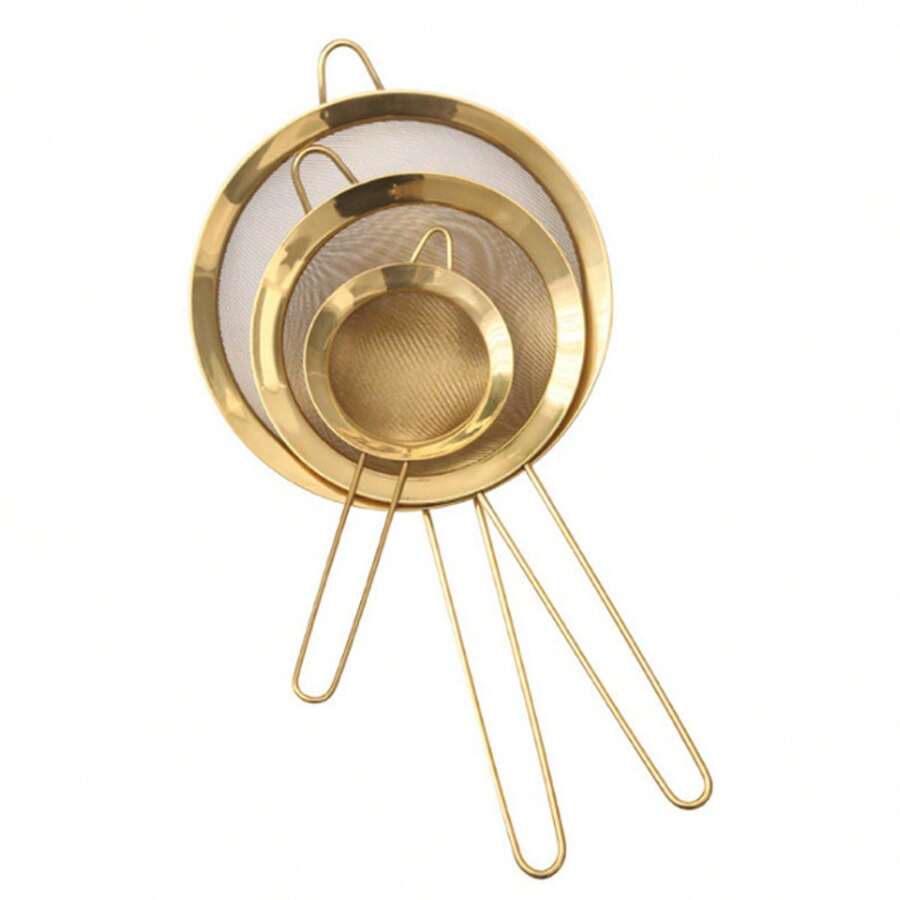 3pcs/1pc Stainless Steel Fine Mesh Tea Sieve With Handle - Japanese Matcha Powder Sieve - Gold - View 1