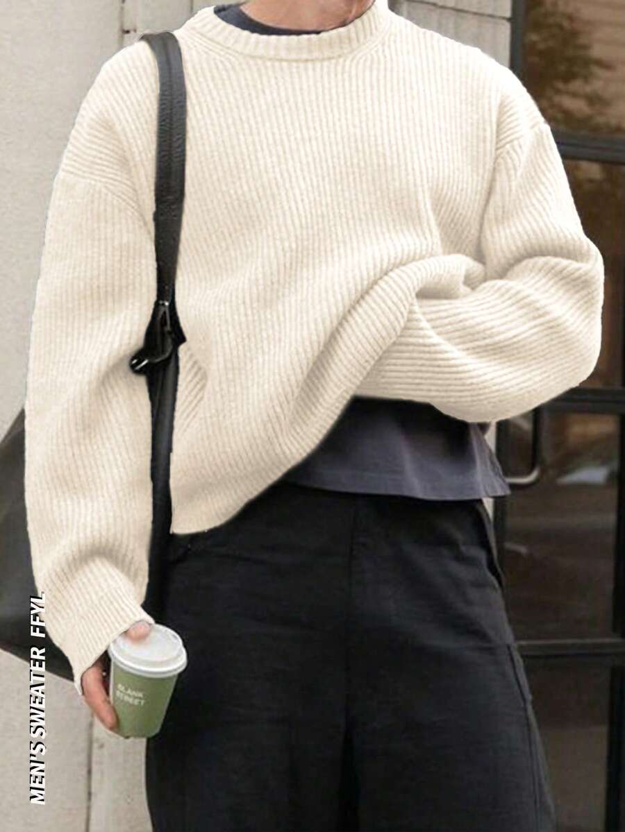 Lightweight Casual Textured Knit Sweater, Loose Fit Round Neck Pullover, Unisex Design, Autumn/Winter - Apricot - View 1