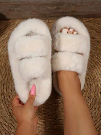 2025 New Korean Ins Style Fluffy Slippers For Women, Thick Sole Strap Thermal Slippers, Suitable For Spring/Summer And Autumn/Winter