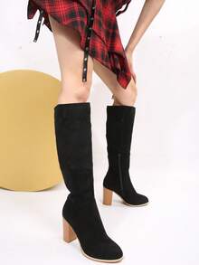 秋冬女式时尚搭扣侧拉链平底靴，搭配毛衣百搭，过膝长靴 - 黑色 - 查看 9