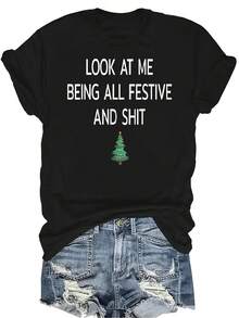 Mírame, lleno de ambiente festivo, camiseta de Navidad divertida y graciosa para mujer y unisex, de verano, casual, transpirable, de personalidad, cuello redondo, manga corta, camiseta urbana, versátil, adecuada para adolescentes y adultos - Negro - Ver 1