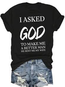 Camiseta con patrones interesantes para mujer y unisex, de verano, casual, transpirable, con cuello redondo, manga corta, estilo urbano y versátil, adecuada para adolescentes y adultos - Negro - Ver 1