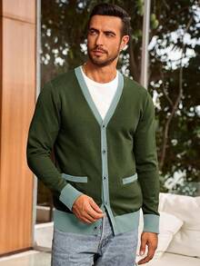 Men's Long Sleeve Button Down Knitted Cardigan Sweater With Pockets, Casual Style - 軍綠色 - 查看 2