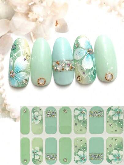 Spring & Summer 3D Floral Nail Stickers, Romantic Green Flower DIY Nail Art Decorations, Almond Nail Design