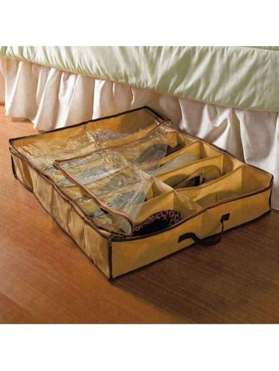 1pc Under Bed Shoe Cabinet Organizer, 12 Grids Non-Woven Fabric Shoe Box With Transparent Zipper Cover, Window, Handle For Home Storage - Multicolor - View 1