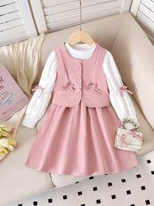 2 件套女童可爱蝴蝶结无袖背心和圆领长袖连衣裙套装，春秋季 - 粉色 - 查看 1