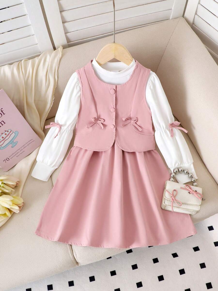 2 件套女童可爱蝴蝶结无袖背心和圆领长袖连衣裙套装，春秋季 - 粉色 - 查看 1