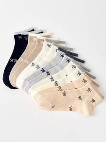 5 Pairs Women's Cute Breathable Bow Pattern Short, Simple And Comfortable Crew Socks, Ankle Socks, White Socks, Black Socks For Daily & Casual Wear, Suitable For Fall&Winter, For All Seasons