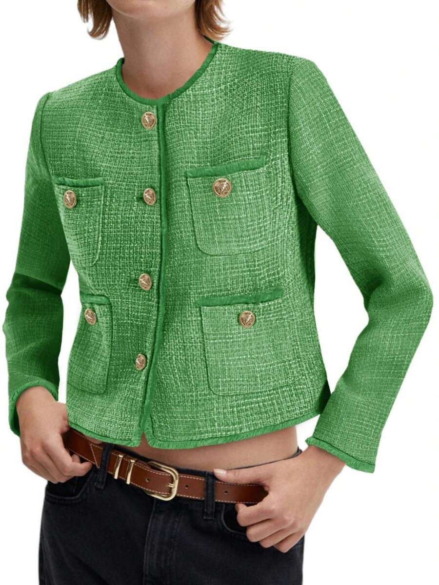 Chaqueta blazer de tweed corta para mujer, sin cuello, con botones, informal, de negocios, de corte entallado. - Verde - Ver 1