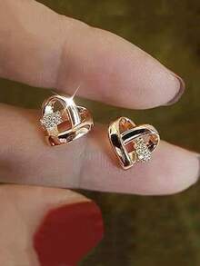 一对十字交叉心形耳环，休闲简约配饰 - 銀色 - 查看 2