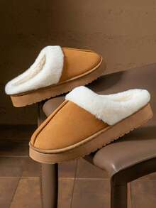 舒适毛绒拖鞋，保暖内衬，防滑厚底，适合室内/室外使用，时尚休闲纯色家居鞋 - 卡其色 - 查看 8