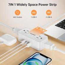 Extensor eléctrico plano deúltiples contactos, regleta de alimentación de 3 USB deúltiples contactos (1 USB-C), extensor de pared plano de 6.5 pies con 4 tomacorrientes de CA, adecuado paraúltiples conectores de enchufe en el hogar, oficina, crucero. - Blanco - Ver 2