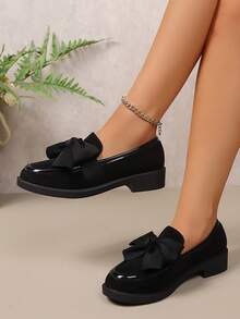 女士通勤绒面革拼布蝴蝶结装饰平底鞋,英伦风格一脚蹬乐福鞋,休闲中跟运动鞋,适合日常穿着,适合 35-44 码,秋冬及所有季节 - 黑色 - 查看 6