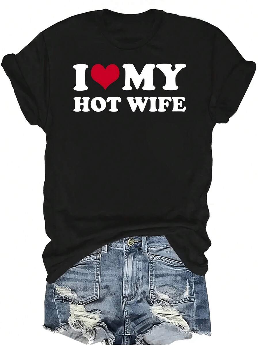 Camiseta "Amo a mi esposa ardiente" para mujer y unisex, de verano, casual, transpirable, con personalidad, cuello redondo, manga corta, ropa de calle, versátil, adecuada para adolescentes y adultos - Negro - Ver 1