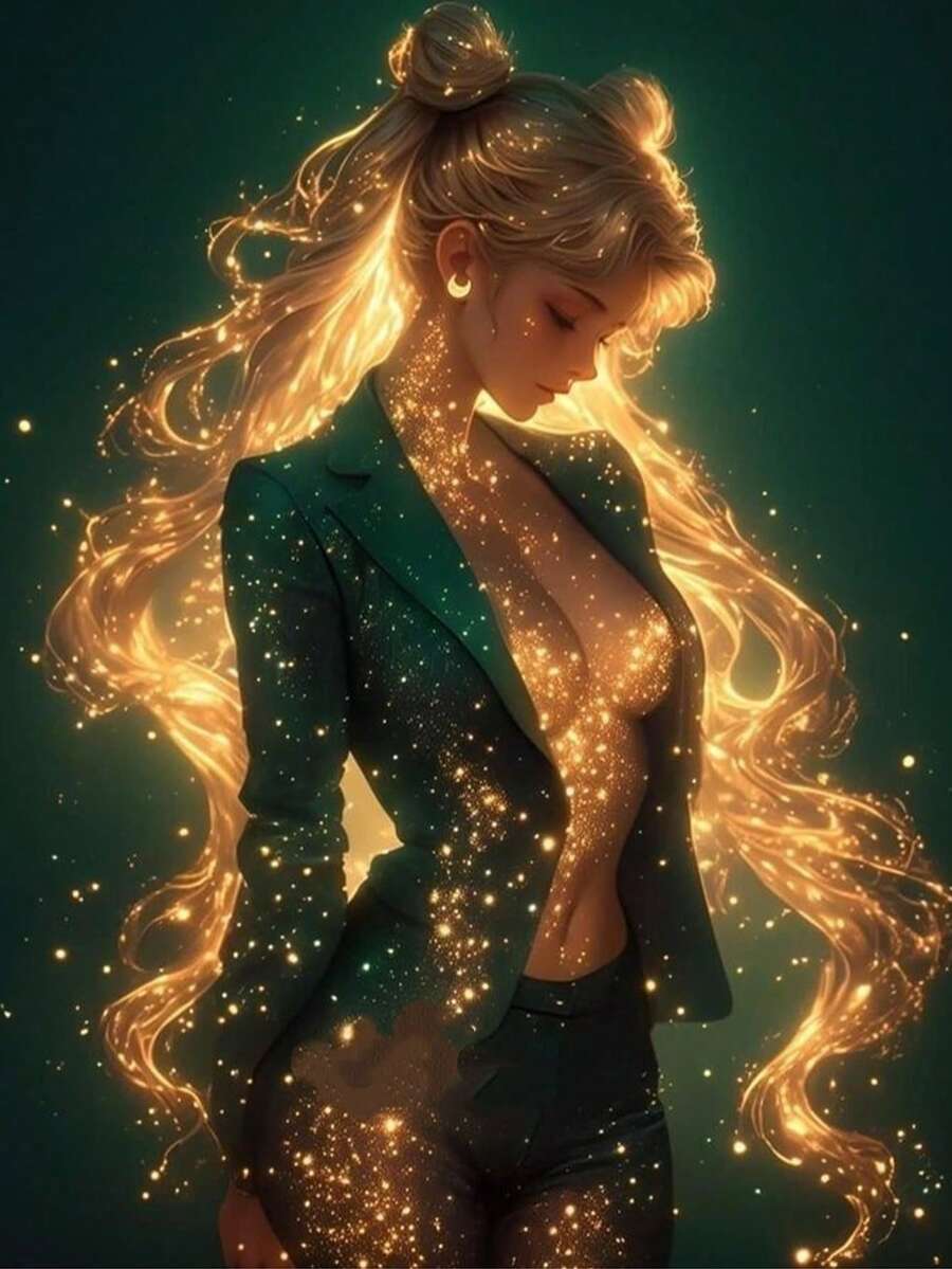 1件套精美月亮女孩钻石画工艺贴纸卡通奇幻水手迷人动漫套装刺绣十字绣套件水钻家居房间爱好装饰DIY马赛克画节日假日玩具情人节、斋月礼物