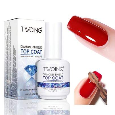 TWOING 2 瓶 15ml 玻璃面漆持久透明面漆 LED UV 强化指甲高光泽面漆凝胶指甲油防刮、晶莹剔透、专业美甲密封剂，适用于沙龙和 DIY 美甲