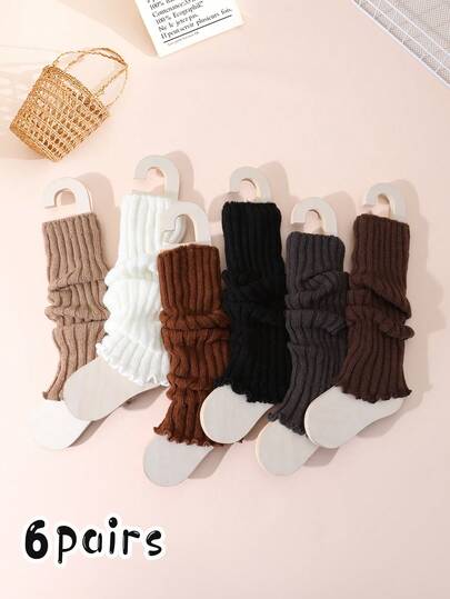 6 Pairs Baby Girls' Solid Color Knitted Vertical Striped Leg Warmers, Knitted Leg Warmers Knee High Leg Warmers, Spring/Autumn