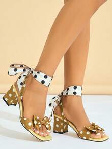 女士高跟凉鞋,适合派对、户外、高跟、女士凉鞋、旅行、时尚度假、粗跟方头、波尔卡圆点围巾领带、3D 圆点蝴蝶结装饰、纯色纹理材质、优雅的金色高跟凉鞋 - 金色 - 查看 4