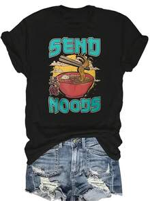 Camiseta de hombre con estampado de ramen, camiseta de mujer unisex de verano, casual, transpirable, de personalidad, cuello redondo, manga corta, ropa de calle, versátil, adecuada para adolescentes y adultos - Negro - Ver 1