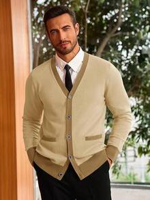 Men's Long Sleeve Button Down Knitted Cardigan Sweater With Pockets, Casual Style - Khaki Muda - View 4