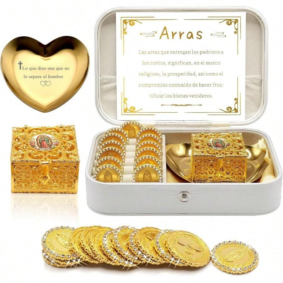 DArras Para Boda Catolica Wedding Coins Arras De Boda Set With 13 Virgen De Guadalupe Aras Coins And Decoracion Box For Ceremony. RecShaped10 - 金色 - 查看 1
