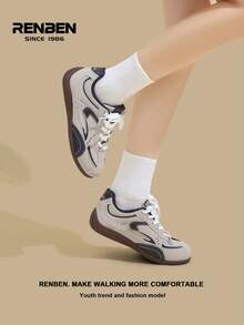 RENBEN 1 par de zapatillas retro de mujer en color gris, con cordones delanteros y bloques de color, nuevas zapatillas de plataforma versátiles y de moda de nicho para primavera/otoño 2025