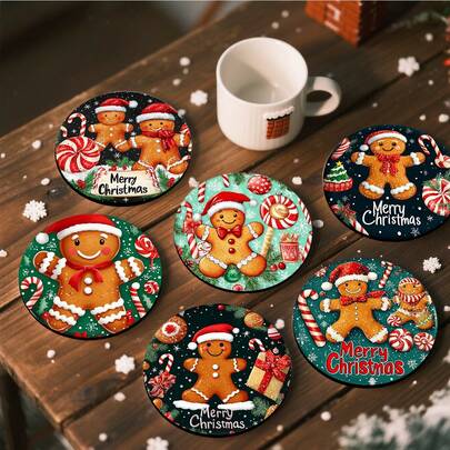 1套/4件/6件/300件圣诞姜饼人戴圣诞帽拐杖糖雪花图案硅藻泥杯垫，咖啡杯垫，家居和餐厅多场合装饰品，日常礼品，餐桌装饰，日常装饰，主题派对装饰