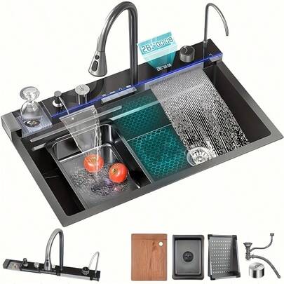 Waterfall Kitchen Sink Stainless Steel Countertop Single Bowl Kitchen Sink, Flying Rain Digital Display Faucet Sink, With Cup Washer, Clean Water Saucet