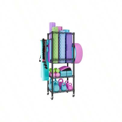 Rack para Mancuernas de Gimnasio en Casa, Organizador de Cochera para Equipos Deportivos, Estante de Almacenaje Multifuncional con Ganchos y Ruedas