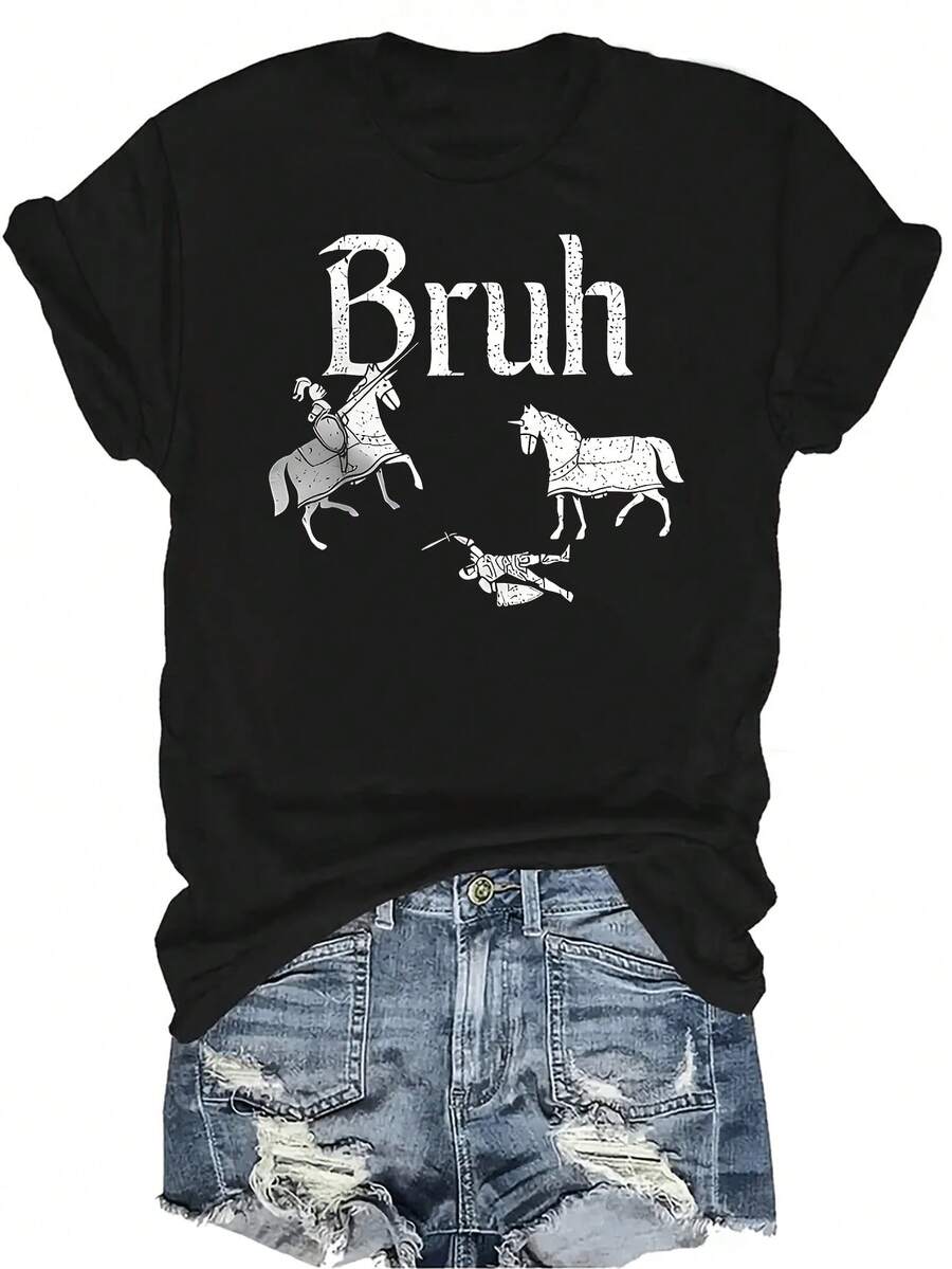 Camiseta de verano casual, transpirable y de personalidad con cuello redondo y manga corta, de estilo vintage del Renacimiento y el Campeonato Medieval, adecuada para adolescentes y adultos, versátil y de uso diario - Negro - Ver 1