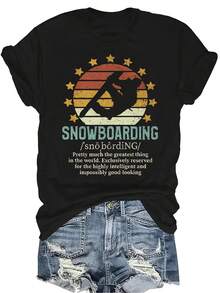 Camiseta con definición de snowboard para mujer y unisex, de verano, casual, transpirable, con personalidad, cuello redondo, manga corta, ropa de calle, versátil, adecuada para adolescentes y adultos - Negro - Ver 1
