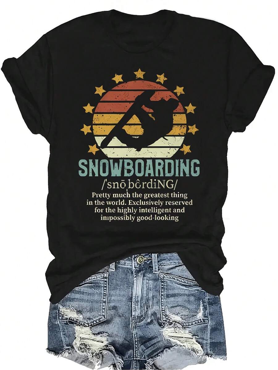 Camiseta con definición de snowboard para mujer y unisex, de verano, casual, transpirable, con personalidad, cuello redondo, manga corta, ropa de calle, versátil, adecuada para adolescentes y adultos - Negro - Ver 1
