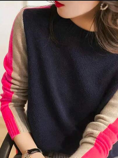 Women's Elegant Warm Knit Pullover Top, Versatile Color Block Long Sleeve, Suitable For Spring, Autumn, Winter