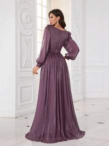 Elisanya UNITHORSE 女士 V 领灯笼袖纯色领口 3D 花朵装饰长款晚礼服伴娘礼服毕业礼服晚宴礼服 - 紫色 - 查看 2