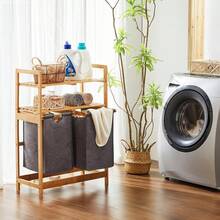 YOUDENOVA Wäschekorb aus Bambus-Gestell,Wäschesammler mit 2 Ablagen mit 2 Ausziehbaren Wäschesäcken für Schlafzimmer Bad oder Waschküche 93x64x33cm Grau - Schwarz - Übersicht 3