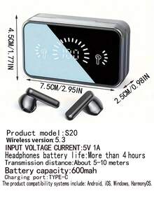 全新无线蓝牙耳机，带镜面LED数字显示屏，重低音，内置麦克风，音质清晰，无线游戏耳机，待机时间长，支持音乐和多模式游戏
