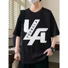 Men'S Oversized Y-Youngla Graphic T-Shirt - Casual Short Sleeve, Round Neck, Black With White Print, Lightweight & Breathable For Summer Outdoor Wear, Casual Attire, Or Sports Events, Breathable Clothing | Bold Graphic Tee | Comfortable Fit - 黑色 - 查看 2