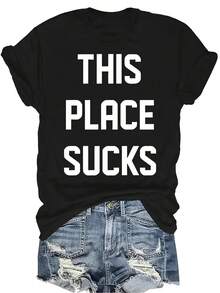 Camiseta con letra Mujer Unisex Verano Casual Transpirable Personalidad Cuello Redondo Manga Corta Camiseta Ropa de Calle Versátil, Adecuada para Adolescentes y Adultos - Negro - Ver 1
