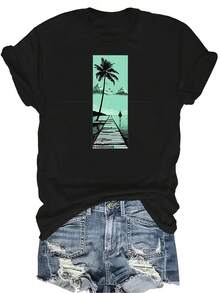 Camiseta gráfica de escena de playa tropical triple para mujer y unisex, de verano, casual, transpirable, de personalidad, de cuello redondo, de manga corta, de uso versátil, adecuada para adolescentes y adultos - Negro - Ver 1