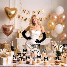 Black Bow Birthday Cake Decorations, 1 Pack Coquette Bow Cake Topper With Happy Birthday Sign, 12Pcs Bowknot Cupcake Toppers6Pcs Twist Tie Bows Bows Bridal Shower Wedding Party, Black 2