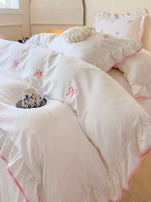 3pcs Ruffled Embroidered Bowknot Duvet Cover Set, Extra Large Size, Soft Fabric, With Zipper & Tie, Suitable For Girls Bedroom Decor, Breathable & Easy Care - White - View 7