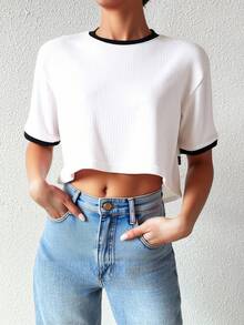 Playera blusa mujer dama manga corta tela Rib Crop con Contraste diseño elegante moderno juvenil casual Frescura y Estilo Urbano - Blanco - Ver 1